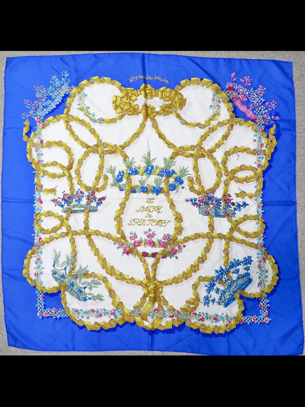 Hermes Blue White Gold Floral Silk Scarf